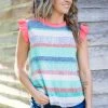 CES FEMME Tops Coral And Turquoise Stripe Flutter Sleeve Tank