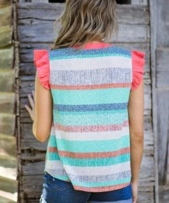CES FEMME Tops Coral And Turquoise Stripe Flutter Sleeve Tank
