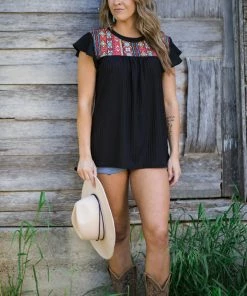 Haptics Black And Coral Aztec Yoke Rib Knit Top