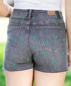 Judy Blue Jeans Bottoms Judy Blue Grey Cactus Embroidered Shorts