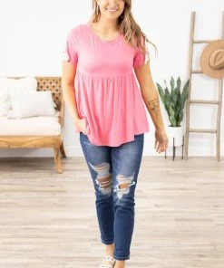 1 Clique Pink Crochet Sleeve Detail Babydoll Top Tops