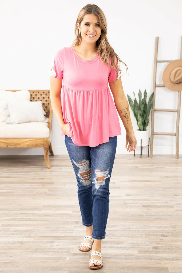 1 Clique Pink Crochet Sleeve Detail Babydoll Top Tops 4 1 Clique Pink Crochet Sleeve Detail Babydoll Top Tops