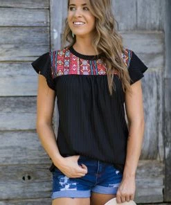 Haptics Black And Coral Aztec Yoke Rib Knit Top