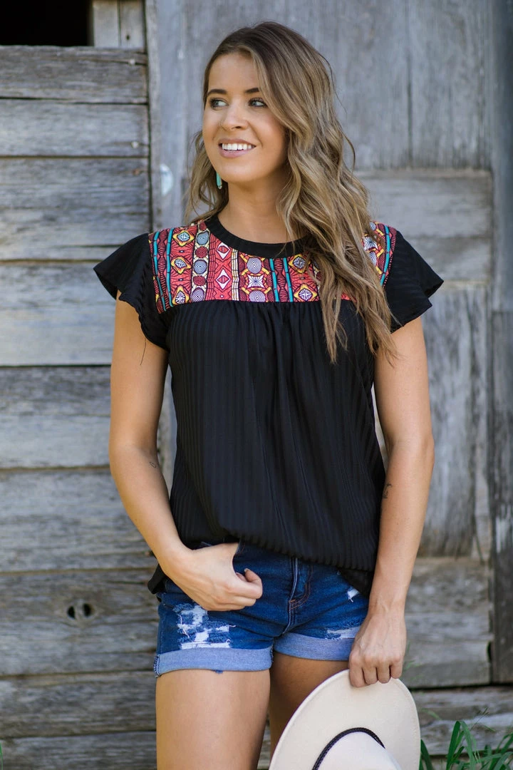 Haptics Black And Coral Aztec Yoke Rib Knit Top 3 Haptics Black And Coral Aztec Yoke Rib Knit Top