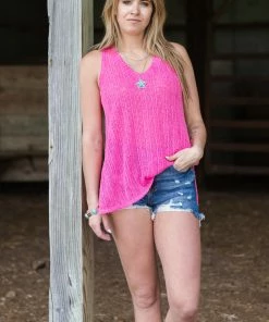 Cherish Pink Textured Tank With Side Slits Tops