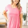 1 Clique Pink Crochet Sleeve Detail Babydoll Top Tops