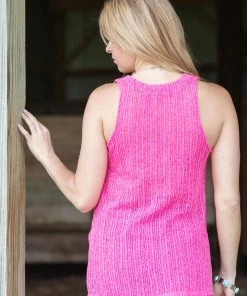 Cherish Pink Textured Tank With Side Slits Tops