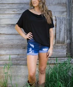 Doe & Rae Black Drape Front Dolman Sleeve Top Tops