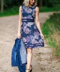 DRESS CODE Navy And Grey Floral Print Fit And Flare Dress Dresses