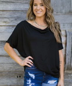 Doe & Rae Black Drape Front Dolman Sleeve Top Tops
