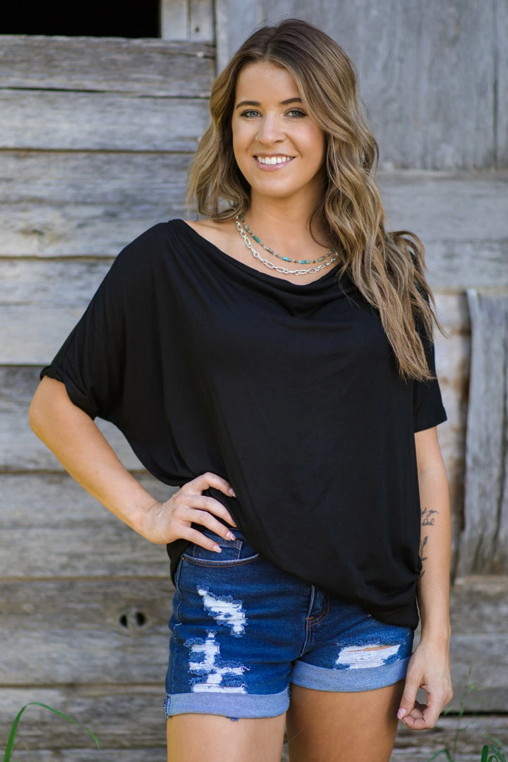 Doe & Rae Black Drape Front Dolman Sleeve Top Tops 3 Doe & Rae Black Drape Front Dolman Sleeve Top Tops