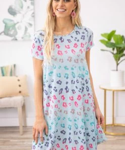 BOMBOM Dresses Aqua Multicolor Animal Print Dress