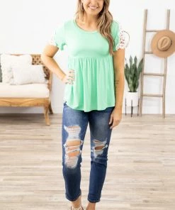 1 CLIQUE Tops Mint Crochet Sleeve Detail Babydoll Top