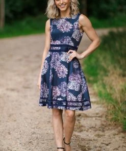 DRESS CODE Navy And Grey Floral Print Fit And Flare Dress Dresses