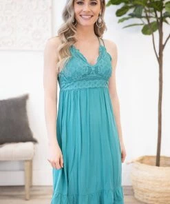 Dongguan Haohoo Turquoise Lace Criss-Cross Thin Strap Dress Dresses