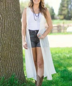 ALLIE ROSE Cream Crochet Trim Duster Length Vest Tops