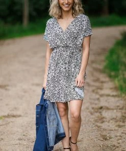 White Birch Black And Ivory Floral Surplice Front Dress