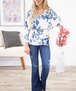 Hailey And Co Off White Floral Dolman Sleeve Peplum Top SHORT SLEEVES