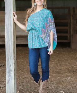 White Birch Tops Turquoise Floral Print One Shoulder Peplum Top