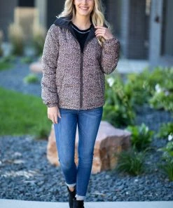 Max Apparel Brown Animal Print Reversible Puffer Jacket Outerwear