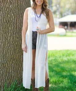 ALLIE ROSE Cream Crochet Trim Duster Length Vest Tops