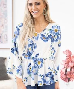 Hailey And Co Off White Floral Dolman Sleeve Peplum Top SHORT SLEEVES
