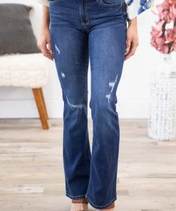 Cello Medium Wash Distressed Flare Jeans