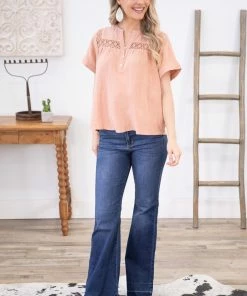 Wish List SHORT SLEEVES Peach Lace Trim Notch Neck Top