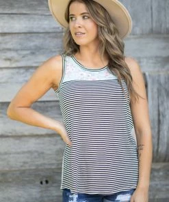 Lovely Melody Ash Floral Black Stripe Front Tank Tops