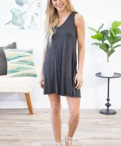 Heimish Dresses Grey And Black Stripe Dress With Pockets