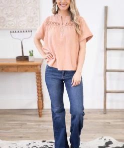 Wish List SHORT SLEEVES Peach Lace Trim Notch Neck Top