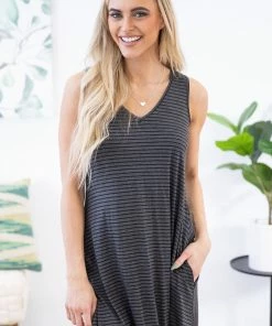 Heimish Dresses Grey And Black Stripe Dress With Pockets