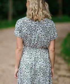 White Birch Black And Ivory Floral Surplice Front Dress