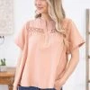 Wish List SHORT SLEEVES Peach Lace Trim Notch Neck Top