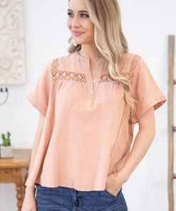 Wish List SHORT SLEEVES Peach Lace Trim Notch Neck Top