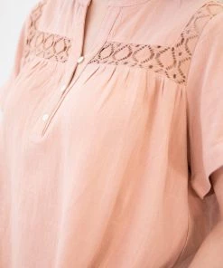 Wish List SHORT SLEEVES Peach Lace Trim Notch Neck Top