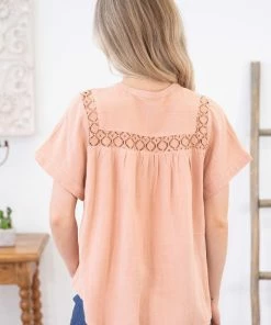 Wish List SHORT SLEEVES Peach Lace Trim Notch Neck Top