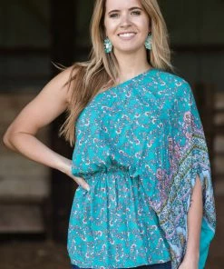 White Birch Tops Turquoise Floral Print One Shoulder Peplum Top