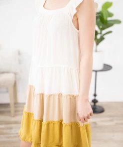 White Birch Dresses Ivory And Mustard Colorblock Tiered Dress
