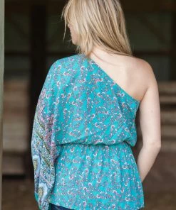 White Birch Tops Turquoise Floral Print One Shoulder Peplum Top