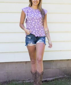 Reborn J Tops Lavender Floral Print Flutter Sleeve Top