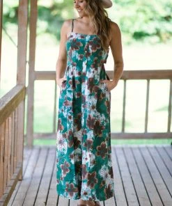Kori America Jade And Brown Floral Print Maxi Dress