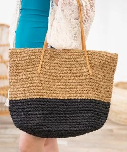 Fame Accessories Tan And Black Straw Tote Bag