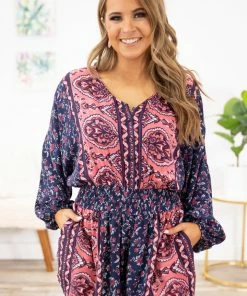 Kori America Navy Multicolor Floral Long Sleeve Romper Dresses