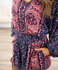 Kori America Navy Multicolor Floral Long Sleeve Romper Dresses