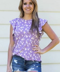 Reborn J Tops Lavender Floral Print Flutter Sleeve Top