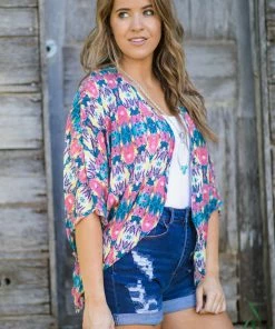 Haptics Coral And Turquoise Tie Dye Kimono Tops