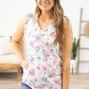 Lime N Chili Tops White And Pink Floral Print Notch Neck Tank
