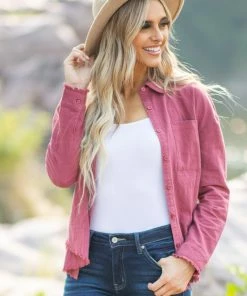 LLOVE LONG SLEEVES Wine Button Up Fray Hem Top