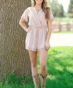 BLUIVY Tan Crochet Trim Short Sleeve Romper